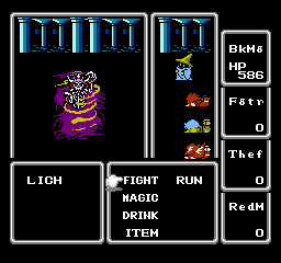A skeletal mage labeled 'Lich' fights against a mage in a blue robe with a face shrouded in shadow, all on a plain black background. The menus surrounding the fight are labeled 'Lich' 'Fight' 'Magic' 'Drink' 'Item' 'Run' 'BkM 'Fhtr' 'Thef' 'RedM'