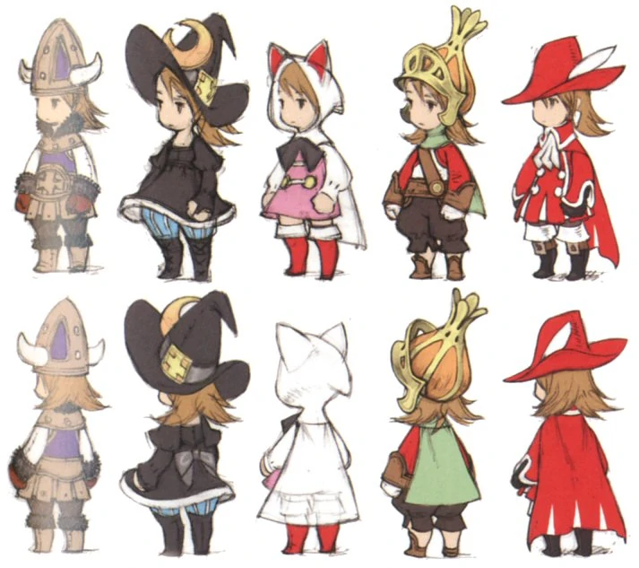 A grid view of the same drawing of a girl five times, with the girl in a different outfit for each drawing, and then again in those respective outfits seen from behind.