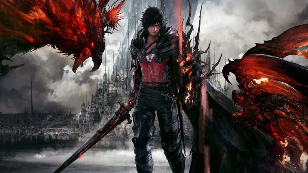 A man in red and black armor wielding a black sword with a red crack in it in one hand. His other hand is spiky and demonic with an orange glow over black armor.

He stands before an ashy gray castle in the background. A fiery phoenix and wolflike beast growl at each other from the corners of the screen.

Promotional image of the game Final Fantasy XVI