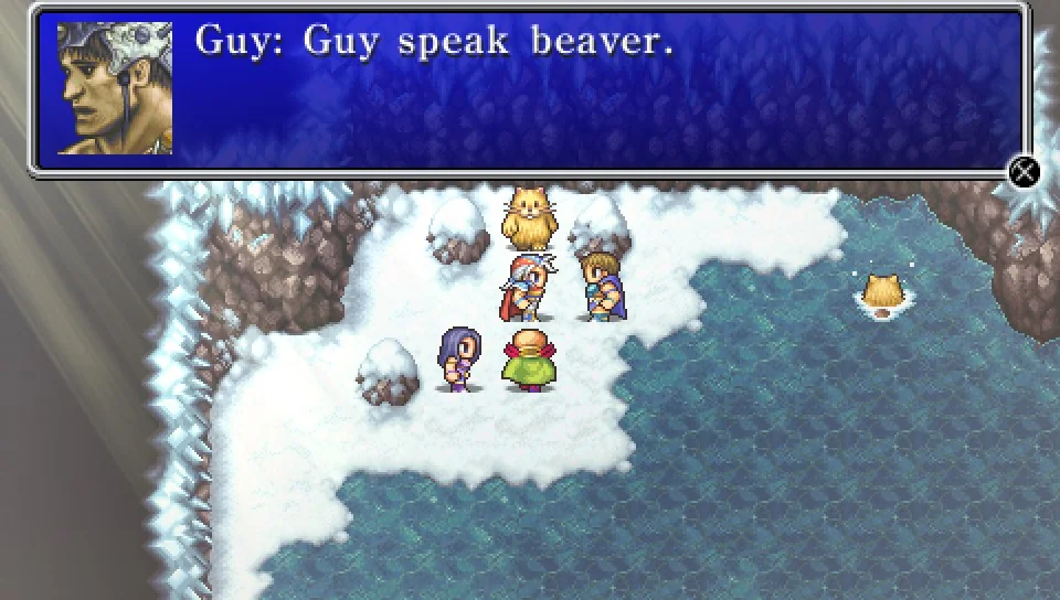 A portrait of a man in an armored hat next to a text box reading "Guy: Guy speak beaver."

Below the text, four people stand near a beaver in the snow.