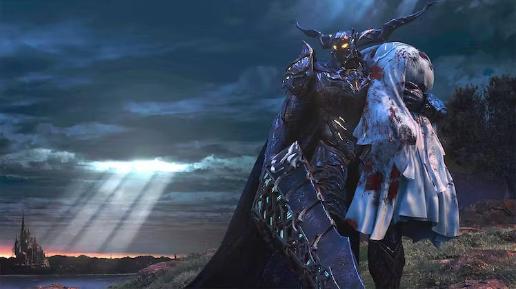 A man in full platemail, helmet decorated with bull-like horns and glowing yellow eyes. He wields a giant greatsword, and has a woman in a dress slung over his shoulder. A castle looms very small in the background. An image of the evil knight Garland.