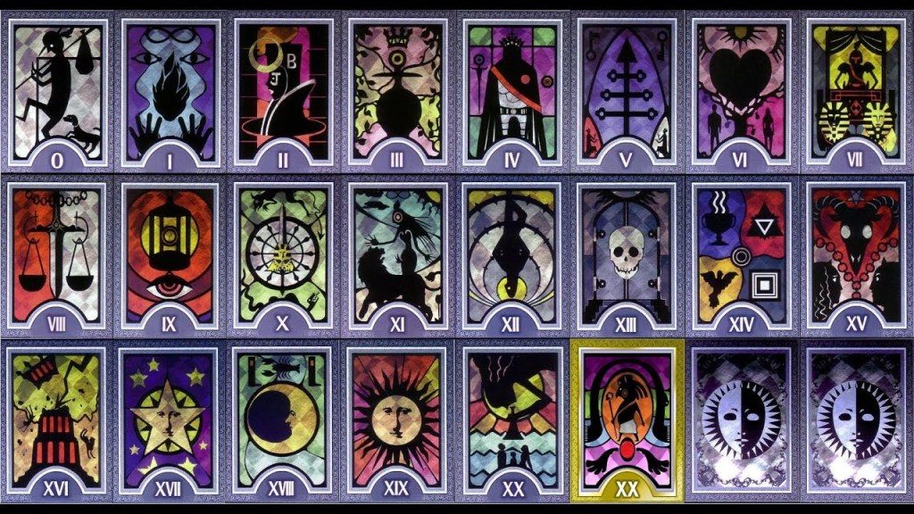 The art of a tart deck is displayed, in order of arcana numbered 0 to 20. The art is dark and somber, with extensive use of silhouettes and blue-leaning color palettes.  