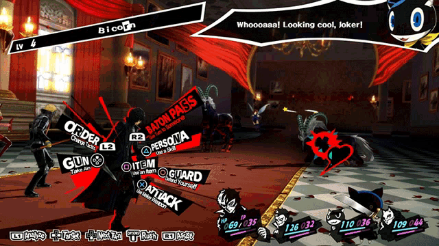 A group of four phantom thieves square off against two horned horse demons and a fairy. One of the thieves summons a monster in a jar with a swirl of blue energy, and the jar-monster strikes a horse demon with lightning.
