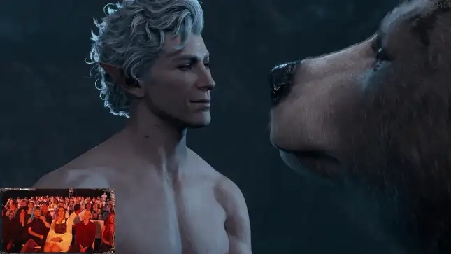 A pale elf with white hair looks longingly into the eyes of a cave bear, who returns him a tender expression. It appears as though they are about to copulate. In the corner, a live studio audience is seen celebrating.