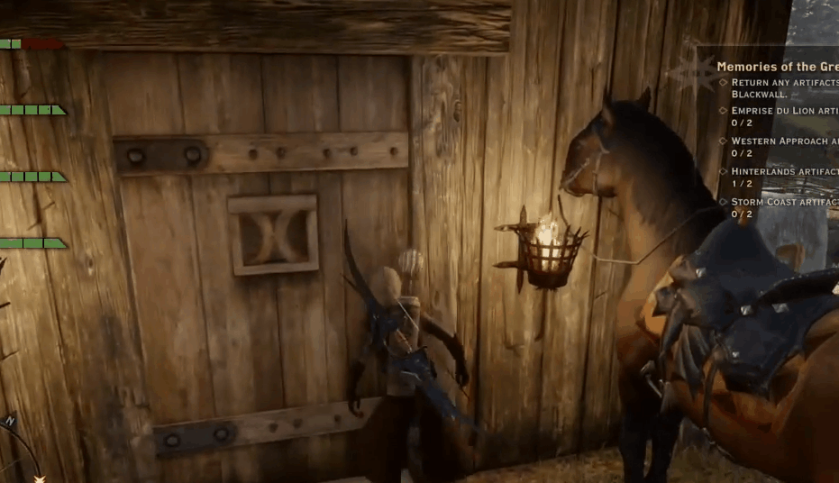 A woodland ranger kneels down to pick a lock on a wooden door. Their nearby horse rears up, and slides along the front of the door, in glitchy fashion.