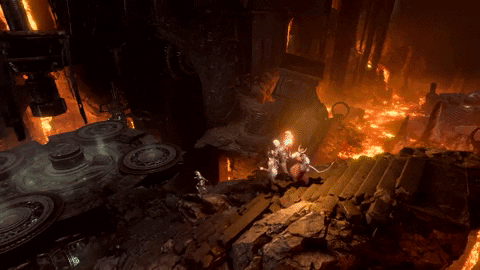 A wide panning shot of a group of adventurers in armor carrying torches, climbing down a set of ruined, craggy stone steps suspended over a river of lava. The steps lead to a large, ancient machine.