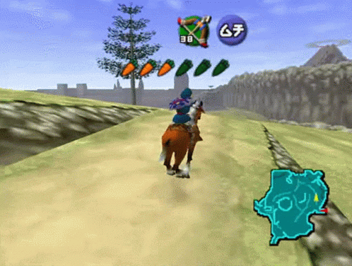 Link from Ocarina of Time rides his horse, Epona, over the grasslands of Hyrule field. A meter represented by six carrots slowly drains as Link encourages Epona to speed up.