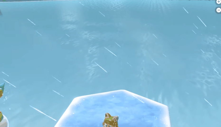 Mario, in a cat costume, standing on an ice pillar. The camera pans over to the nearby water, and a small, orange plesiosaur emerges from under the waves.