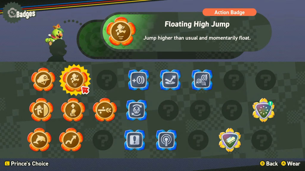 A grid of orange, blue, and yellow badges are arrayed on a menu. There is a green caterpillar at the top left of the screen. At center-top, a description reads "Action Badge. Floating High Jump. Jump higher than usual and momentarily float." A red cursor highlights one of the badges.