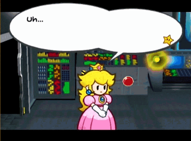 Princess Peach stands in a computer room full of terminals, screens, and readouts. She says in text "Uh... OK then. Good night." with a nonplussed expression, the leaves.