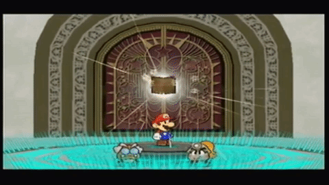 Mario, flanked by a goomba with glasses and a goomba with a ponytail and pit helmet stand before an ornate, ancient door. Mario holds a map aloft, which glows with magic.