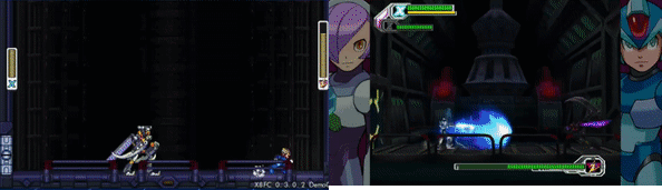 The same scene plays two times, side by side. The left is a pixel-art version, the right is a PS2-era 3D version. A dark robotic mantis fights the blue android Mega Man X in a dark generator room. Dark Mantis throws several black arrows up. They then arc as they fall, leaving behind purple trails. X walks out of their trajectory.