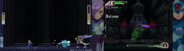 The same scene plays two times, side by side. The left is a pixel-art version, the right is a PS2-era 3D version. A dark robotic mantis fights the blue android Mega Man X in a dark generator room. Dark Mantis jumps up to and floats at the top-center of the room, before extending an arm blade to a great length behind his shoulder. He then slashes more than half of the room in one swipe, then alternates to the other side. On the left, he does this several times.