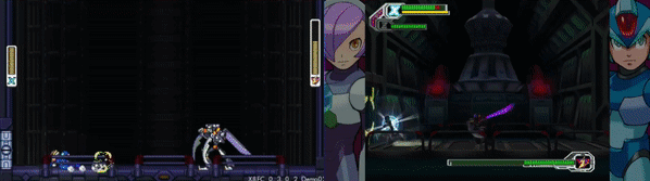 The same scene plays two times, side by side. The left is a pixel-art version, the right is a PS2-era 3D version. A dark robotic mantis fights the blue android Mega Man X in a dark generator room. Dark Mantis lifts his scythes up and dashes at X, grabbing him and sucking out his energy. On the right, another android appears to free X.