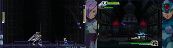 The same scene plays two times, side by side. The left is a pixel-art version, the right is a PS2-era 3D version. A dark robotic mantis fights the blue android Mega Man X in a dark generator room. On both sides, Dark Mantis attempts to grab X, who moves out of the way at the last moment.