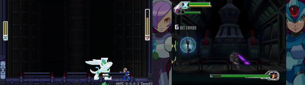 The same scene plays two times, side by side. The left is a pixel-art version, the right is a PS2-era 3D version. A dark robotic mantis fights the blue android Mega Man X in a dark generator room. On the left, Dark Mantis hops from wall to wall, then plunges his blades into the ground. On the right, Dark Mantis hops back and forth on the floor, then throws a black energy projectile.