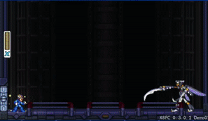 A dark robotic mantis fights the blue android Mega Man X in a dark generator room, all rendered in 16-bit pixel art. Dark Mantis readies an arm blade, and dashes across the enter length of the arena floor, then jumps and slashes X as he approaches. X ducks and dashes at the last second.