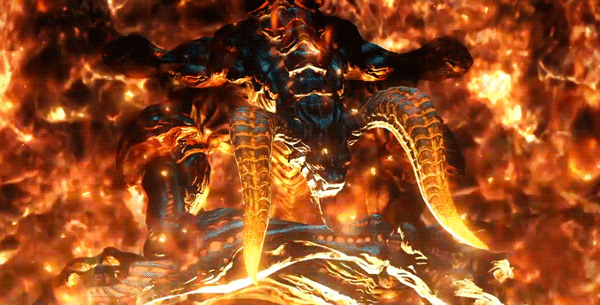 Ifrit the fiery god from final fantasy XIV is shown in closeup, a horned burning lizard-like beast with skeletal claws and stony scales.