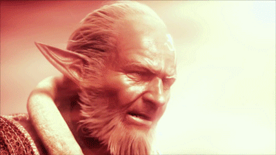A closeup of an elderly elf man. He looks contentedly into a blazing light that grows to encompass him and then the entire image.