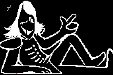 A rather flamboyant character with shoulder-length hair and an official-looking uniform. He is "roulx kaard" from the game Deltarune. He is lying down, propped up on one elbow, rocking his foot and a finger-gun gesture back and forth in rhythm. His hair is sparkling.